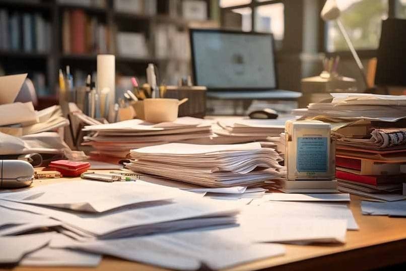 a cluttered desk piled with work tasks and documents